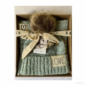 Rae Dunn Love Beanie and Scarf Set Super Soft New with Gift Box Aqua Gray
